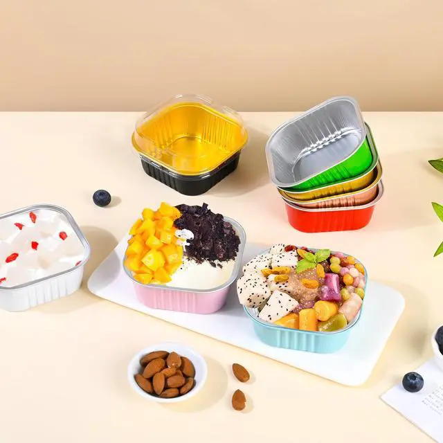 Alt view image 4 of 7 - 40 Pack Mini Cake Pans with Lids, 5oz Square Aluminum Foil Brownie Baking Cups, Muffin Tin Ramekins, Disposable Dessert Cupcake Cups for Wedding Birthday Party, Gold