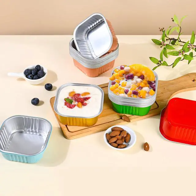 Alt view image 7 of 7 - 40 Pack Mini Cake Pans with Lids, 5oz Square Aluminum Foil Brownie Baking Cups, Muffin Tin Ramekins, Disposable Dessert Cupcake Cups for Wedding Birthday Party, Gold