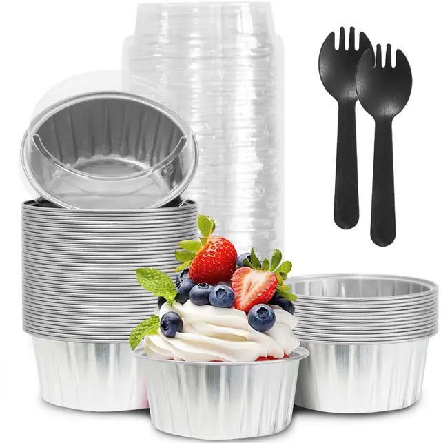 Main image of 50Pcs Mini Aluminum Foil Cupcake,5oz Baking Cups with Lids,Mini Cake Pans Disposable,Loaf Pans with Lids,Disposable Ramekins,Tin Cups Containers for Cupcake,Pudding,Muffin,Cheesecake (Silvery)