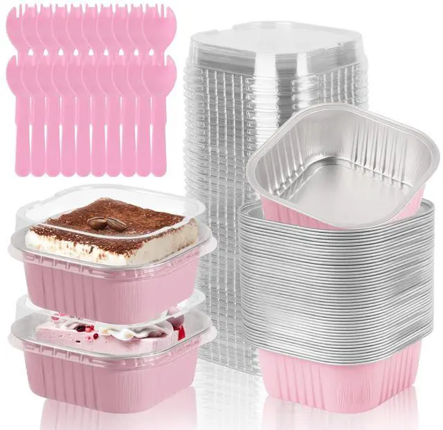 Main image of 20 Pack 10oz Mini Cake Pans with Lids, 4.4x4.4 Inch Aluminum Foil Square Baking Cups with Spoons, Disposable Large Baking Cake Cup Containers with Lids for Party, Wedding, Birthdays, Pink