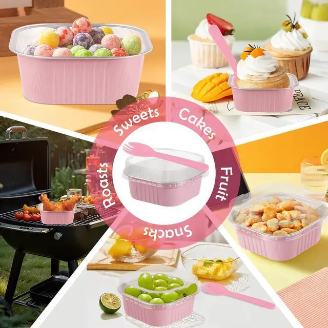 Alt view image 5 of 7 - 20 Pack 10oz Mini Cake Pans with Lids, 4.4x4.4 Inch Aluminum Foil Square Baking Cups with Spoons, Disposable Large Baking Cake Cup Containers with Lids for Party, Wedding, Birthdays, Pink