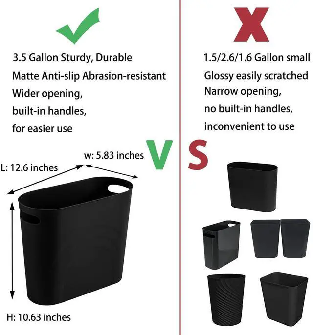 Alt view image 3 of 7 - Small Trash Can, 3.5 Gallon Slim Garbage Can Plastic Waste Basket with Handles Container Bin for Narrow Spaces Bathroom, Bedroom, Kitchen, Office at Home, Black