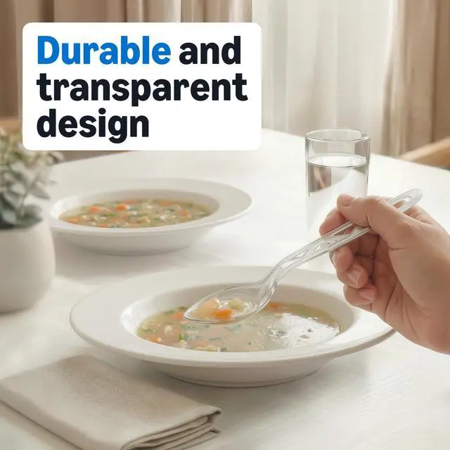 Alt view image 3 of 5 - Disposable Clear Plastic Spoons, Premium Quality, 100 Count, Large Pack, Packaging May Vary