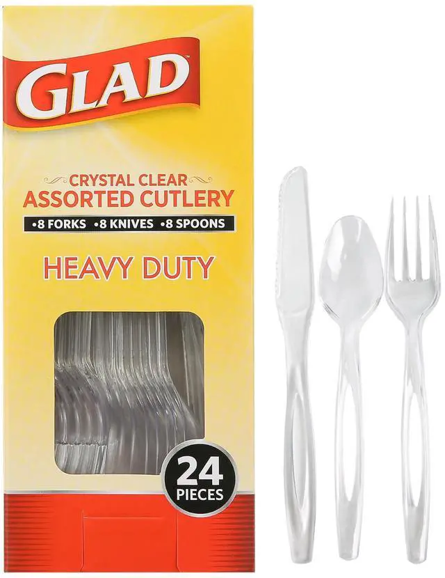 Main image of Clear Disposable Cutlery Set with Heavy Duty Plastic Forks, Knives, and Spoons, Reusable Dishwasher Safe Plastic Utensils for Parties and Everyday Use, 24 Count