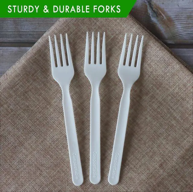 Alt view image 2 of 7 - Heavy-duty Compostable Forks, BPI Certified 100 Count Large Disposable Cutlery Utensils Silverware Flatware Fork