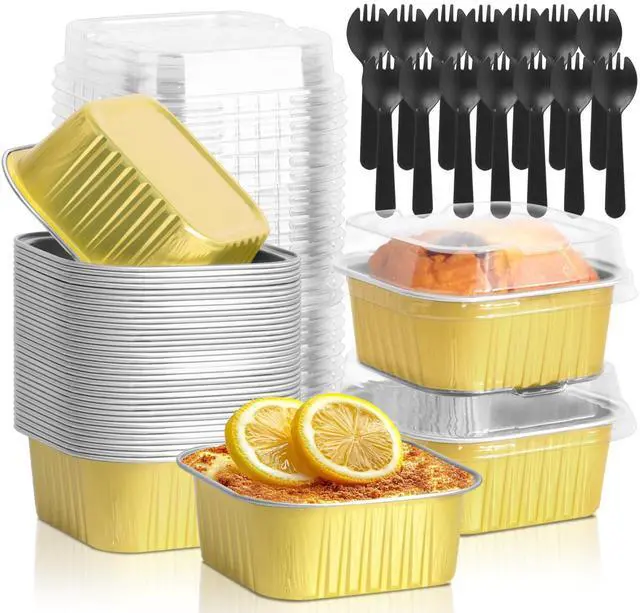 Main image of 35 Pack 5 OZ Square Mini Baking Pans with Lids, 3.5x3.5 Inch Mini Cake Tins, Aluminum Foil Baking Cups Disposable Cake Containers for Party, Wedding, Birthdays, Gold