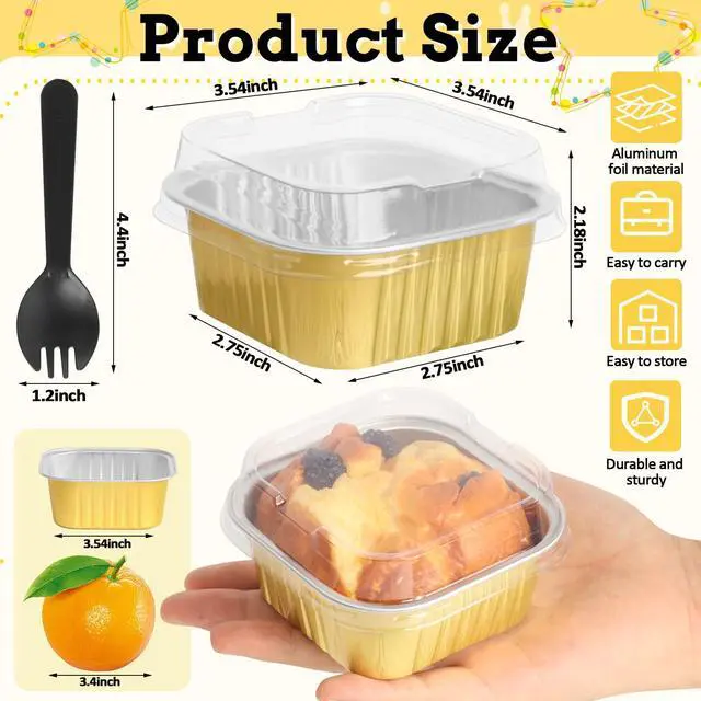 Alt view image 2 of 7 - 35 Pack 5 OZ Square Mini Baking Pans with Lids, 3.5x3.5 Inch Mini Cake Tins, Aluminum Foil Baking Cups Disposable Cake Containers for Party, Wedding, Birthdays, Gold