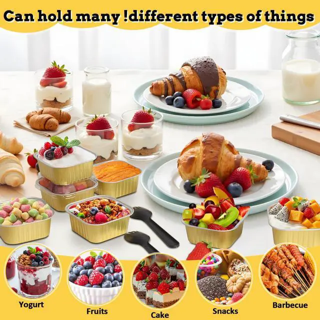 Alt view image 4 of 7 - 35 Pack 5 OZ Square Mini Baking Pans with Lids, 3.5x3.5 Inch Mini Cake Tins, Aluminum Foil Baking Cups Disposable Cake Containers for Party, Wedding, Birthdays, Gold