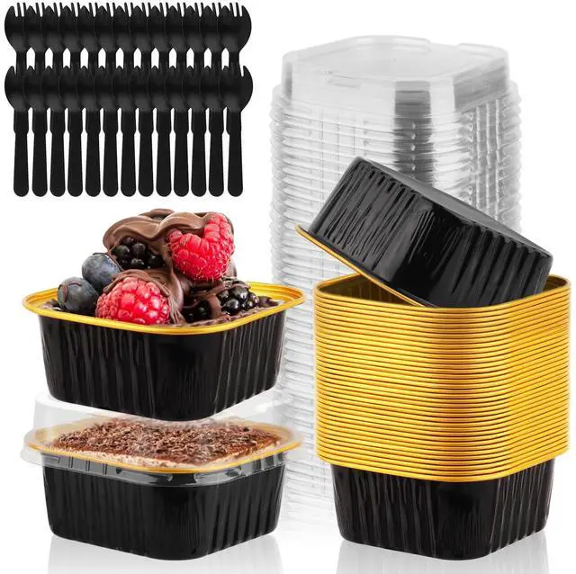Main image of 35 Pack 5 OZ Square Mini Baking Pans with Lids, 3.5x3.5 Inch Mini Cake Tins, Aluminum Foil Baking Cups Disposable Cake Containers for Party, Wedding, Birthdays, Black and Gold