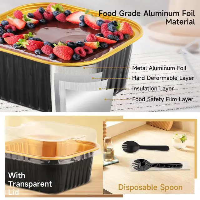 Alt view image 3 of 7 - 35 Pack 5 OZ Square Mini Baking Pans with Lids, 3.5x3.5 Inch Mini Cake Tins, Aluminum Foil Baking Cups Disposable Cake Containers for Party, Wedding, Birthdays, Black and Gold