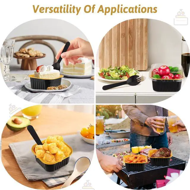 Alt view image 4 of 7 - 35 Pack 5 OZ Square Mini Baking Pans with Lids, 3.5x3.5 Inch Mini Cake Tins, Aluminum Foil Baking Cups Disposable Cake Containers for Party, Wedding, Birthdays, Black and Gold