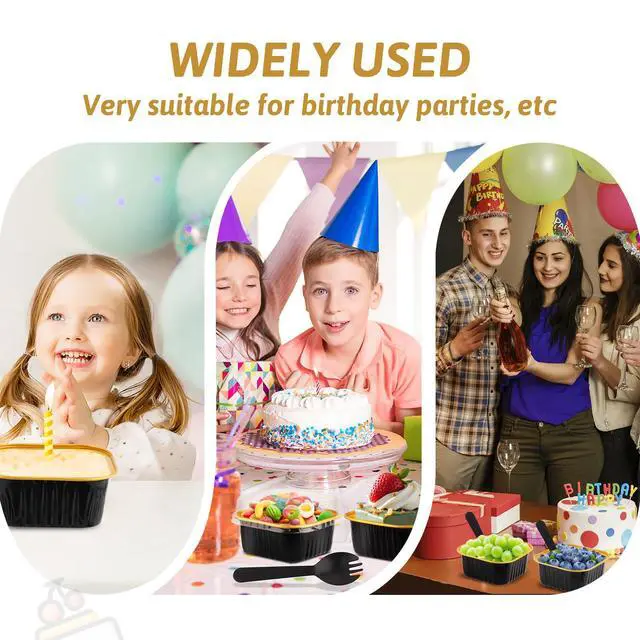 Alt view image 6 of 7 - 35 Pack 5 OZ Square Mini Baking Pans with Lids, 3.5x3.5 Inch Mini Cake Tins, Aluminum Foil Baking Cups Disposable Cake Containers for Party, Wedding, Birthdays, Black and Gold