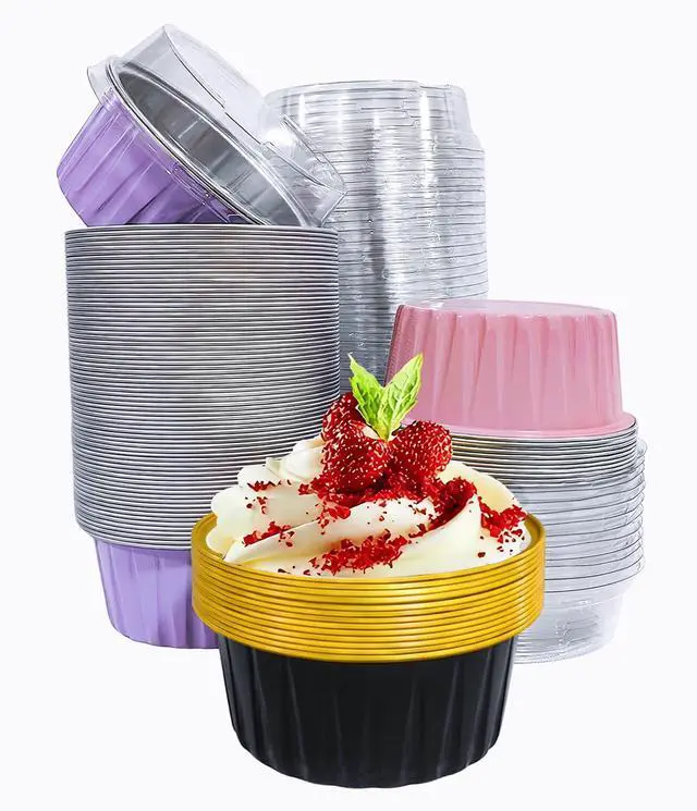 Main image of 50PCS Mixed color Disposable Ramekins with lids,5oz Aluminium Foil Baking Cups Creme Brulee Mini cake pans, Cheesecake Pans Flan Molds Tin Cups Containers for Party (Mixed color with Lids 50PCS)