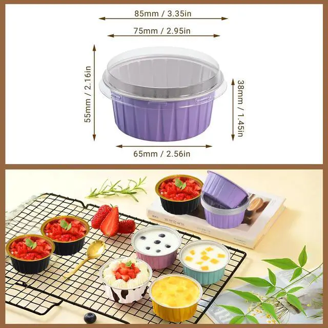 Alt view image 2 of 7 - 50PCS Mixed color Disposable Ramekins with lids,5oz Aluminium Foil Baking Cups Creme Brulee Mini cake pans, Cheesecake Pans Flan Molds Tin Cups Containers for Party (Mixed color with Lids 50PCS)