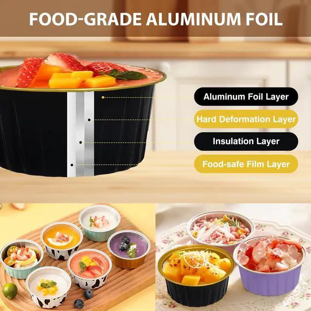 Alt view image 3 of 7 - 50PCS Mixed color Disposable Ramekins with lids,5oz Aluminium Foil Baking Cups Creme Brulee Mini cake pans, Cheesecake Pans Flan Molds Tin Cups Containers for Party (Mixed color with Lids 50PCS)