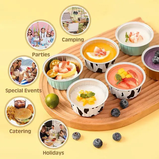 Alt view image 4 of 7 - 50PCS Mixed color Disposable Ramekins with lids,5oz Aluminium Foil Baking Cups Creme Brulee Mini cake pans, Cheesecake Pans Flan Molds Tin Cups Containers for Party (Mixed color with Lids 50PCS)