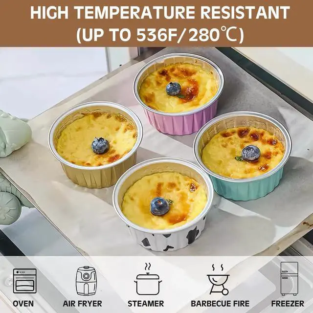 Alt view image 6 of 7 - 50PCS Mixed color Disposable Ramekins with lids,5oz Aluminium Foil Baking Cups Creme Brulee Mini cake pans, Cheesecake Pans Flan Molds Tin Cups Containers for Party (Mixed color with Lids 50PCS)
