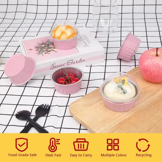Alt view image 2 of 7 - Jumbo Muffin Liners with Lids 50 Pack,Free-Air 5oz Aluminum Foil Cupcake Cups Muffin Tins,Disposable Ramekins Cupcake Baking Pans Cupcake Holders for Custard Mini Pie -Pink