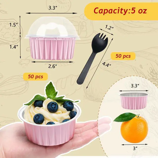 Alt view image 3 of 7 - Jumbo Muffin Liners with Lids 50 Pack,Free-Air 5oz Aluminum Foil Cupcake Cups Muffin Tins,Disposable Ramekins Cupcake Baking Pans Cupcake Holders for Custard Mini Pie -Pink