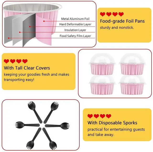 Alt view image 4 of 7 - Jumbo Muffin Liners with Lids 50 Pack,Free-Air 5oz Aluminum Foil Cupcake Cups Muffin Tins,Disposable Ramekins Cupcake Baking Pans Cupcake Holders for Custard Mini Pie -Pink