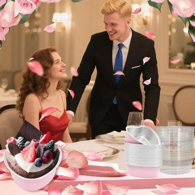 Alt view image 6 of 6 - 30 Pcs Heart Shaped Cake Pans with Lids, Mini Pink Aluminum Foil Baking Tins 3.4 Oz, Disposable Cupcake Containers for Valentine's Day, Mother's Day, Wedding, Party (100ml/3.3OZ)