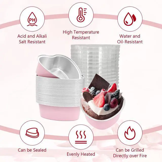 Alt view image 4 of 6 - 30 Pcs Heart Shaped Cake Pans with Lids, Mini Pink Aluminum Foil Baking Tins 3.4 Oz, Disposable Cupcake Containers for Valentine's Day, Mother's Day, Wedding, Party (100ml/3.3OZ)