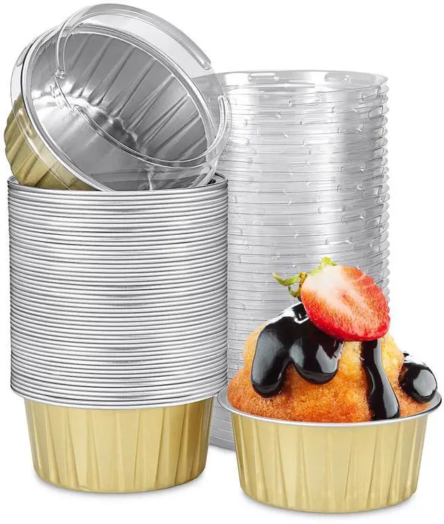 Main image of 50pcs Mini Disposable Foil Ramekins with Lids 5oz, Aluminum Foil Round Cupcake Liners Muffin Cups, Baking Cups Muffin Pans (Gold)