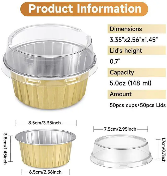 Alt view image 2 of 7 - 50pcs Mini Disposable Foil Ramekins with Lids 5oz, Aluminum Foil Round Cupcake Liners Muffin Cups, Baking Cups Muffin Pans (Gold)