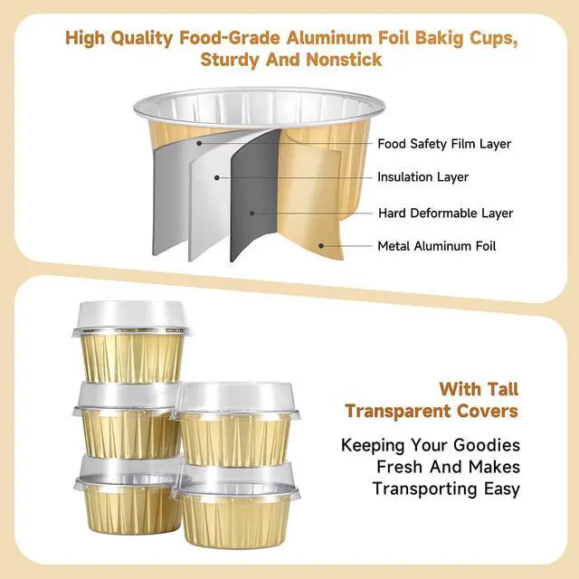 Alt view image 3 of 7 - 50pcs Mini Disposable Foil Ramekins with Lids 5oz, Aluminum Foil Round Cupcake Liners Muffin Cups, Baking Cups Muffin Pans (Gold)