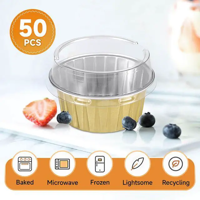 Alt view image 4 of 7 - 50pcs Mini Disposable Foil Ramekins with Lids 5oz, Aluminum Foil Round Cupcake Liners Muffin Cups, Baking Cups Muffin Pans (Gold)