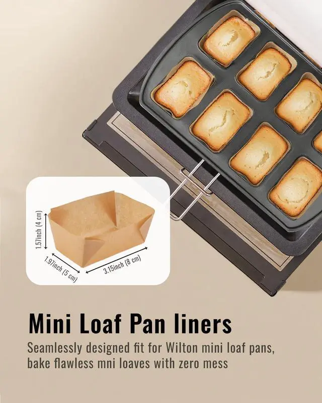 Alt view image 2 of 7 - 100 Pcs Mini Loaf Pan Liners Compatible with Wilton Mini Loaf Pan, Natural Parchment Paper Cupcake Liners, Petite Loaf Baking Cups for Cupcake, Muffin, Brownies, 3.15 * 1.97 * 1.57inch
