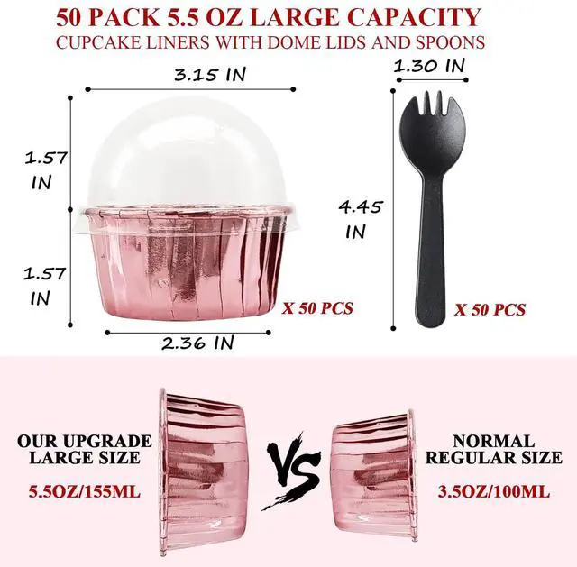 Alt view image 3 of 7 - 5oz Foil Muffin Cups Muffin Tins 50 Pack,LNYZQUS Jumbo Cupcake Liners with Lids,Disposable Ramekins Pans Cupcake Baking Cups Wrappers for Wedding Bakery-Rose Gold