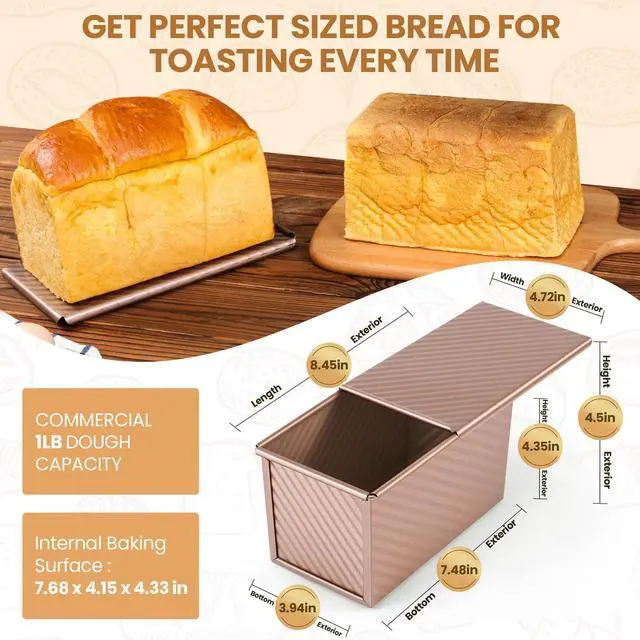 Alt view image 2 of 7 - Pullman Loaf Pan with Lid, Premium 1 lb Dough Sandwich Nonstick Bread Pan with Lid for Homemade Bread, Heavy Duty Carbon Steel Corrugated Pullman Toast Box with Cover for Baking, Bakeware