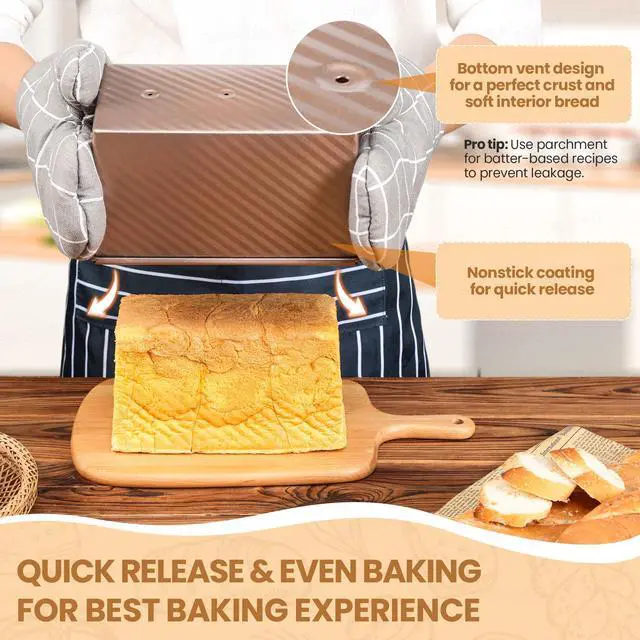Alt view image 3 of 7 - Pullman Loaf Pan with Lid, Premium 1 lb Dough Sandwich Nonstick Bread Pan with Lid for Homemade Bread, Heavy Duty Carbon Steel Corrugated Pullman Toast Box with Cover for Baking, Bakeware