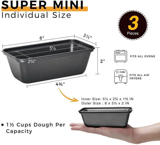 Alt view image 2 of 7 - Mini Loaf Pan for Baking Bread, 6 x 3.3 x 2 In Nonstick Small Banana Bread Tins Set of 3, Tiny Carbon Steel Meatloaf Pan - Dark Grey