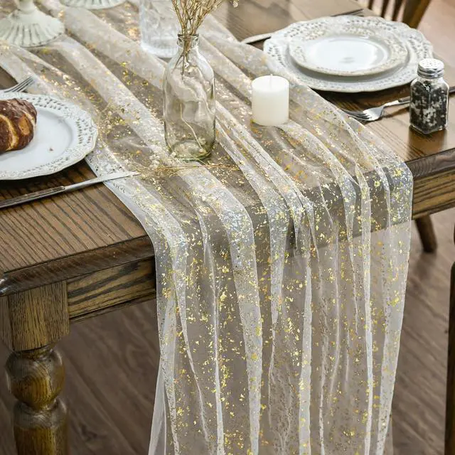 Main image of Beige Gold Gauze Table Runner 120 Inch 10FT, Glitter Metallic Foil Sheer Dining Wedding Anniversary Holiday Birthday Table Decor for Home Party