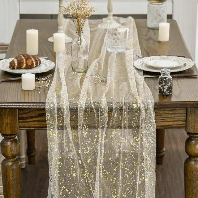 Alt view image 2 of 7 - Beige Gold Gauze Table Runner 120 Inch 10FT, Glitter Metallic Foil Sheer Dining Wedding Anniversary Holiday Birthday Table Decor for Home Party