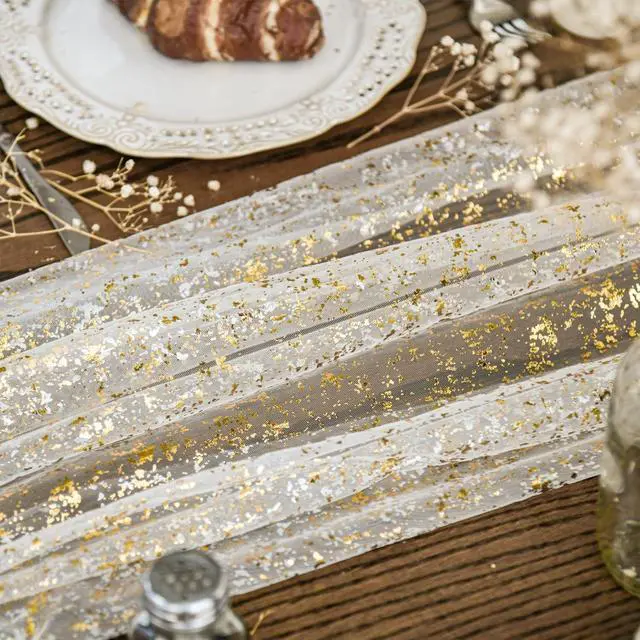 Alt view image 3 of 7 - Beige Gold Gauze Table Runner 120 Inch 10FT, Glitter Metallic Foil Sheer Dining Wedding Anniversary Holiday Birthday Table Decor for Home Party