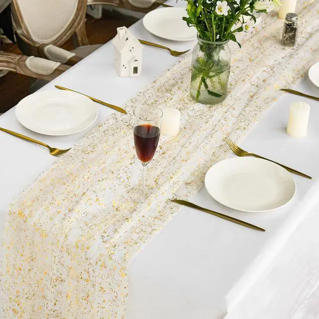 Alt view image 4 of 7 - Beige Gold Gauze Table Runner 120 Inch 10FT, Glitter Metallic Foil Sheer Dining Wedding Anniversary Holiday Birthday Table Decor for Home Party