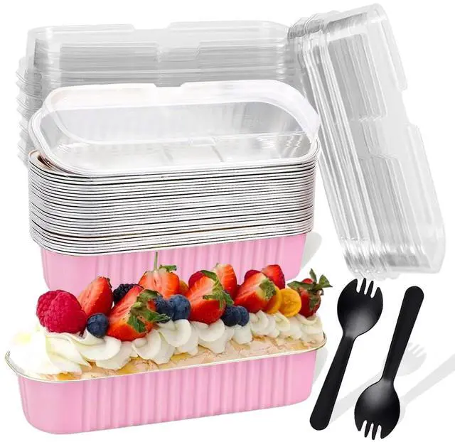 Main image of 20PCS Rectangle Mini Loaf Pans With Lids,Mini Cake Pans with Lids,Disposable Ramekins Baking Cups Muffin Tins Cupcake Cups for Wedding Birthday Party,6.8ozPink