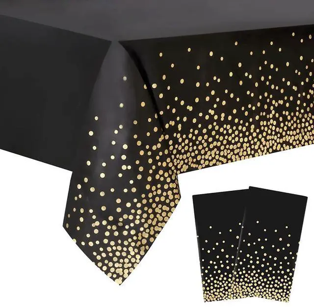 Main image of 2 Packaging Black and Gold Plastic Tablecloth, 54 inch x108 inch Rectangular Disposable dot Party Table Cover, Suitable for Birthday, Graduation, Restaurant, Wedding Decoration Tablecloth
