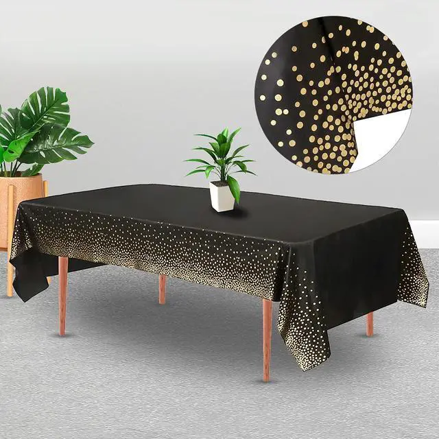 Alt view image 3 of 6 - 2 Packaging Black and Gold Plastic Tablecloth, 54 inch x108 inch Rectangular Disposable dot Party Table Cover, Suitable for Birthday, Graduation, Restaurant, Wedding Decoration Tablecloth