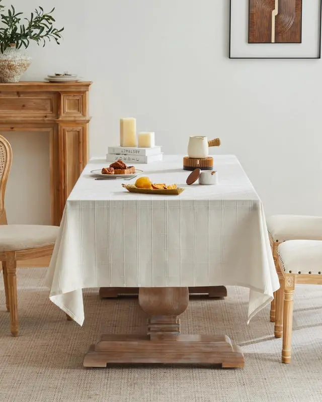 Alt view image 2 of 7 - Linen Checked Rectangle Table Cloth 52x70 Inch Ivory