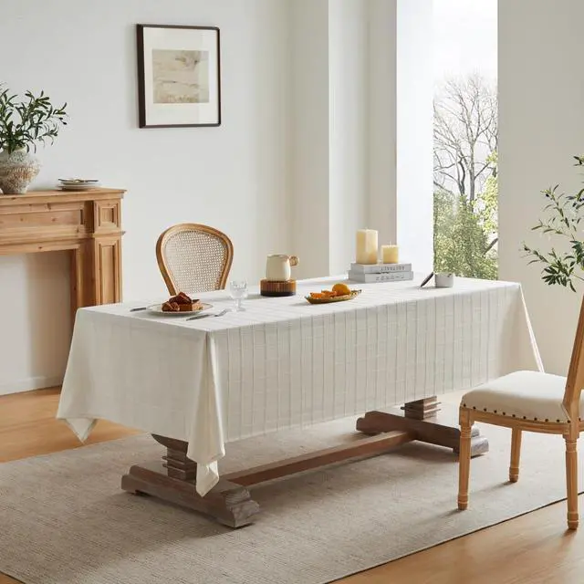Alt view image 3 of 7 - Linen Checked Rectangle Table Cloth 52x70 Inch Ivory