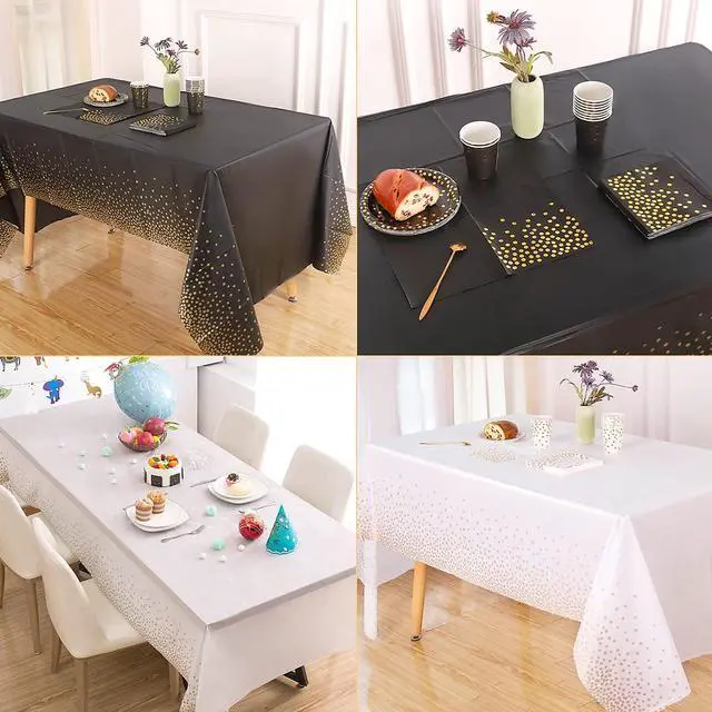 Alt view image 5 of 6 - 2 Packaging Black and Gold Plastic Tablecloth, 54 inch x108 inch Rectangular Disposable dot Party Table Cover, Suitable for Birthday, Graduation, Restaurant, Wedding Decoration Tablecloth