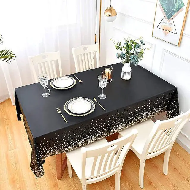 Alt view image 4 of 6 - 2 Packaging Black and Gold Plastic Tablecloth, 54 inch x108 inch Rectangular Disposable dot Party Table Cover, Suitable for Birthday, Graduation, Restaurant, Wedding Decoration Tablecloth