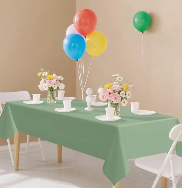 Alt view image 6 of 7 - 2 Pack Sage Green Plastic Tablecloth Rectangle 54 x 108 Disposable Light Green Table Cloth Plastic Waterproof Sage Table Cover for Birthday Wedding Baby Shower Party Decorations
