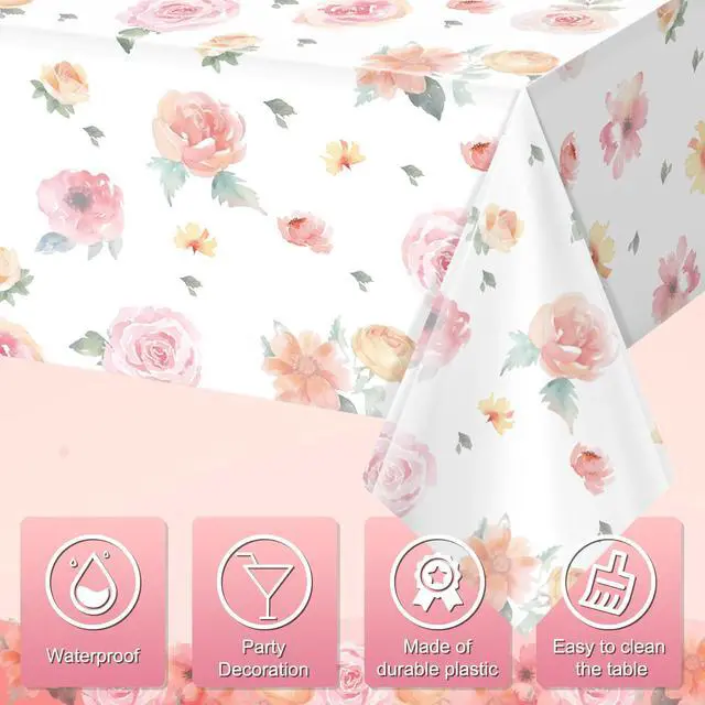 Alt view image 3 of 7 - 3 Pcs Spring Floral Tablecloth, Pink Wildflower Plastic Disposable Tablecloth Rectangle Table Covers for Easter, Birthday, Wedding, Baby Shower, Tea Party and Mothers Day Decorations,54 x 108 Inch