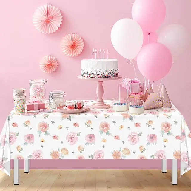 Alt view image 6 of 7 - 3 Pcs Spring Floral Tablecloth, Pink Wildflower Plastic Disposable Tablecloth Rectangle Table Covers for Easter, Birthday, Wedding, Baby Shower, Tea Party and Mothers Day Decorations,54 x 108 Inch
