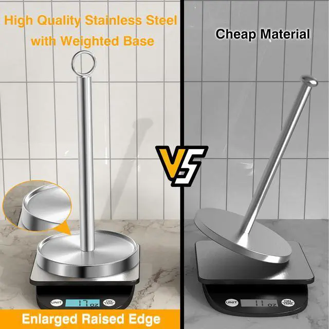 Alt view image 3 of 7 - Paper Towel Holder Countertop, Stainless Steel, Weighted Non-Slip Base, Fits Standard and Jumbo Rolls, Freestanding Paper Towel Stand for Kitchen Bathroom Decor, Silver